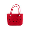 A red EVA beach bag with holes and two handles, featuring a rounded base and a smooth surface.