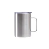 A stainless steel cup with a handle and a clear lid, featuring a brushed finish. It has a sleek, modern design.