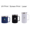 A stainless steel cup with a handle available in navy, black, and white, featuring a logo on each model.