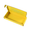 A custom yellow box with an open lid and interior text, designed for packaging purposes.