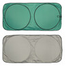 A solar car sun shade with a green exterior and a silver interior, featuring two circular openings.