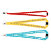 Three woven lanyards in red, yellow, and blue, each featuring a clip and a branding logo.