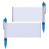 A set of plastic banner pens featuring a clear banner area for custom messages, with blue accents and a retractable tip.