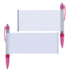 A set of Banner Pens featuring a clear plastic banner section for customizable messaging, with a pink grip and clip.