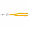 A yellow lanyard cable with a metal clip and a retractable reel, featuring a circular base.
