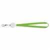 A green lanyard cable with a circular attachment and a clip at one end. It features a logo on the circular part.