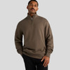 A grey-brown half zip crew jumper with a relaxed fit and a logo displayed.