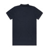 A dark navy polo shirt with a classic collar and short sleeves, featuring a branding logo.