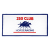A white sports towel with blue trim featuring a horse racing graphic and a logo.