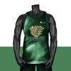 A green sublimated singlet featuring a bear graphic and a logo. It has a sleek design with a shiny finish.