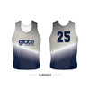 A sleeveless singlet featuring a gradient design in navy and grey, with a logo and the number 25.