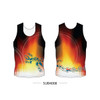 A vibrant sublimated singlet featuring a blend of red, orange, and black with a stylised lizard design and logo.