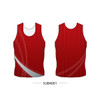 A red sublimated singlet with a wave design and a branding logo, featuring front and back views.