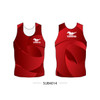 A red sublimated singlet featuring an abstract design and a logo at the front.