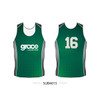A green sublimated singlet featuring a logo and the number 16, designed with a dotted pattern and grey accents.