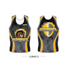 A sublimated singlet in black, grey, and yellow featuring a logo and graphic design elements.