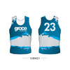 A sublimated singlet in teal and white with a blue abstract design and a logo. Features the number 23.