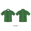 A green sublimated button-up shirt featuring a textured pattern, displayed from both front and back views.