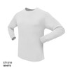 A white long-sleeve T-shirt with a round neckline and a logo on the front.