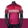 A maroon polo shirt featuring horizontal stripes and a logo, displayed on a black mannequin against a plain background.