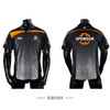 A black and orange polo shirt featuring a logo and a sponsor graphic, displayed on a mannequin from front and back.