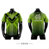 A green polo shirt featuring a design with stripes and a logo on the front and back, along with a sponsorship mark.