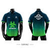 A polo shirt featuring green and blue gradient colours with branding logos on the front and back.