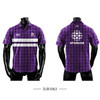 A purple polo shirt with white stripes, featuring logos and branding on both the front and back.