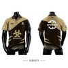 A polo shirt in brown and gold with a design featuring a logo and sponsor branding on both sides.