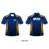 A navy polo shirt featuring contrasting yellow accents and a logo on the front.