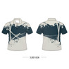 A polo shirt featuring a navy and cream colour scheme with an abstract splash design and a logo.