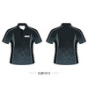 A black polo shirt featuring a geometric design and a logo, with contrasting light blue accents on the sides.