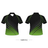 A black polo shirt with green accent lines and a logo on the chest, featuring a classic collar design.