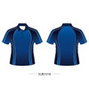 A polo shirt in dark blue with light blue accents, featuring a collar and a logo. Front and back views displayed.