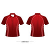 A red polo shirt featuring a textured design with white accents and a collar. Includes a logo on the front.
