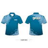 A turquoise polo shirt with a stylish graphic design and a logo on the front. Features a modern collar.