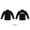 A black polo shirt with blue accents and a logo on the front and back. Long sleeves included.