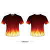 A short-sleeved t-shirt in red and orange, featuring a flame design at the hem and a logo on the front.