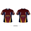 A maroon and navy T-shirt featuring yellow accents and a front graphic design. It has a logo on the front.