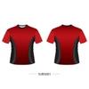 A red and black T-shirt with a textured design, featuring a logo on the front.