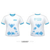 A white t-shirt with blue graphic designs and a logo. Features a round neck and short sleeves.