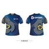 A blue and grey t-shirt featuring a circular design and a logo on both the front and back.