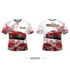 A red and white T-shirt featuring a car graphic and a logo on the front and back.