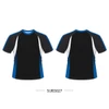 A black T-shirt with white and blue accents, featuring a textured fabric design and a logo.