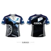 A graphic t-shirt featuring a blue and black design with racing imagery and a logo. The shirt has short sleeves and a sporty look.