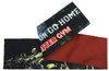 A single-sided sublimated scarf featuring a black design with red accents and a logo.
