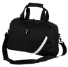 A black carry bag with a white accent, featuring dual handles and an adjustable shoulder strap. It includes a zipped pocket.
