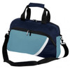 A teal and navy laptop bag with a zippered main compartment, side pocket, and adjustable shoulder strap. It has a logo.