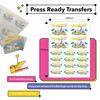 A sheet of colorful transfer designs featuring tropical themes, pre-cut and ready for pressing. Includes logos and various patterns.