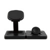 A black wireless charger featuring a stand with a flat charging pad beside it. The product has a logo.